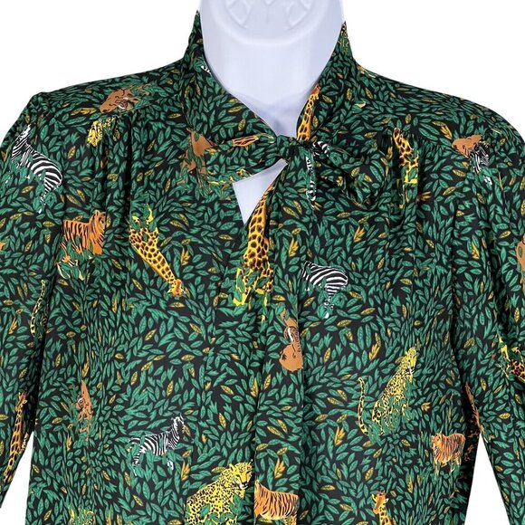 J.Crew Womens Green Jungle Print Long Sleeve Button Up Blouse Tie Neck XXS Artsy - Picture 6 of 15